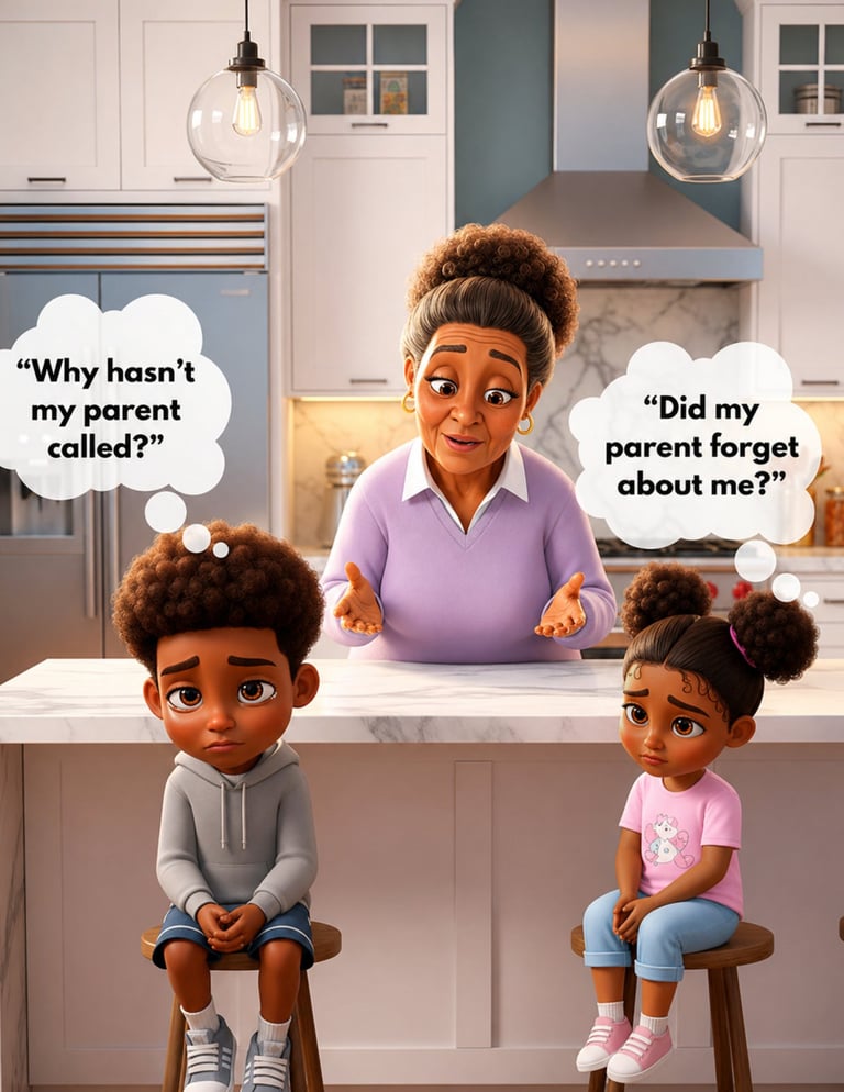 Animated illustration of a mother and two children in a modern kitchen, with the children sitting on stools looking worried with thought bubbles asking if their parent called and if they were forgotten
