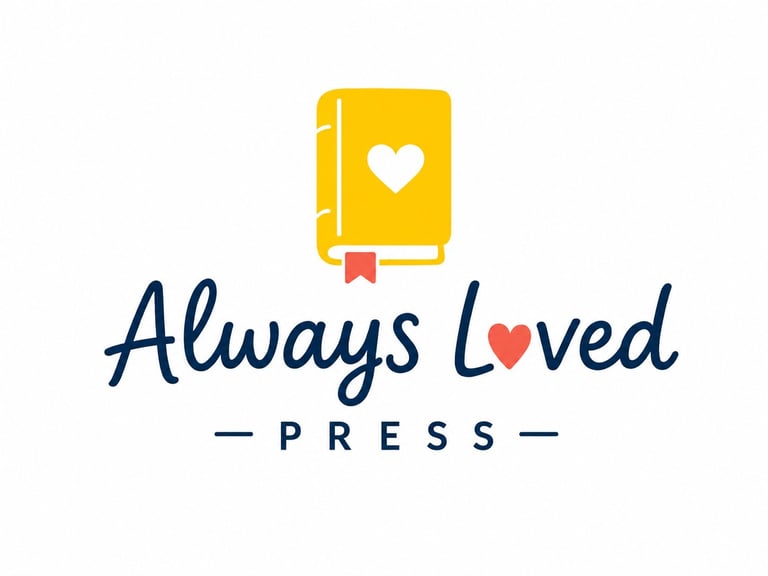 Always Loved Press logo with yellow book icon featuring white heart and red bookmark, blue script text