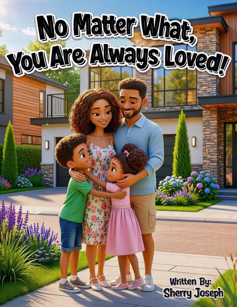 Animated family of four hugging in front of modern house with text No Matter What, You Are Always Loved! by Sherry Joseph