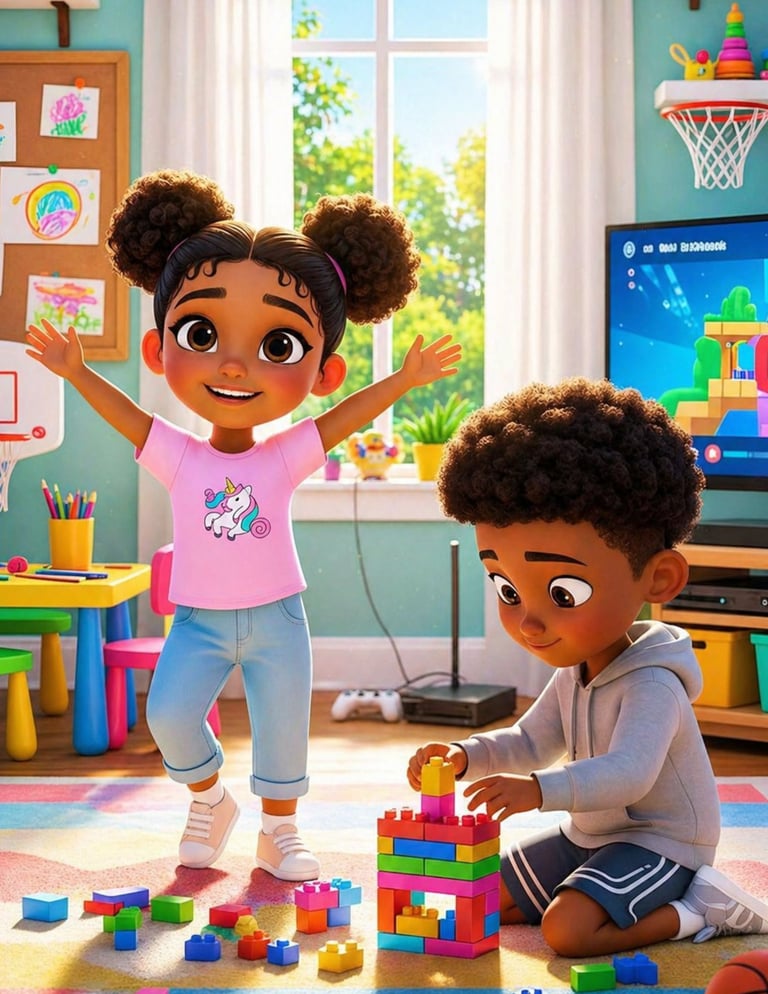 Two animated children playing with colorful building blocks in a bright, modern playroom with toys, artwork, and a basketball hoop
